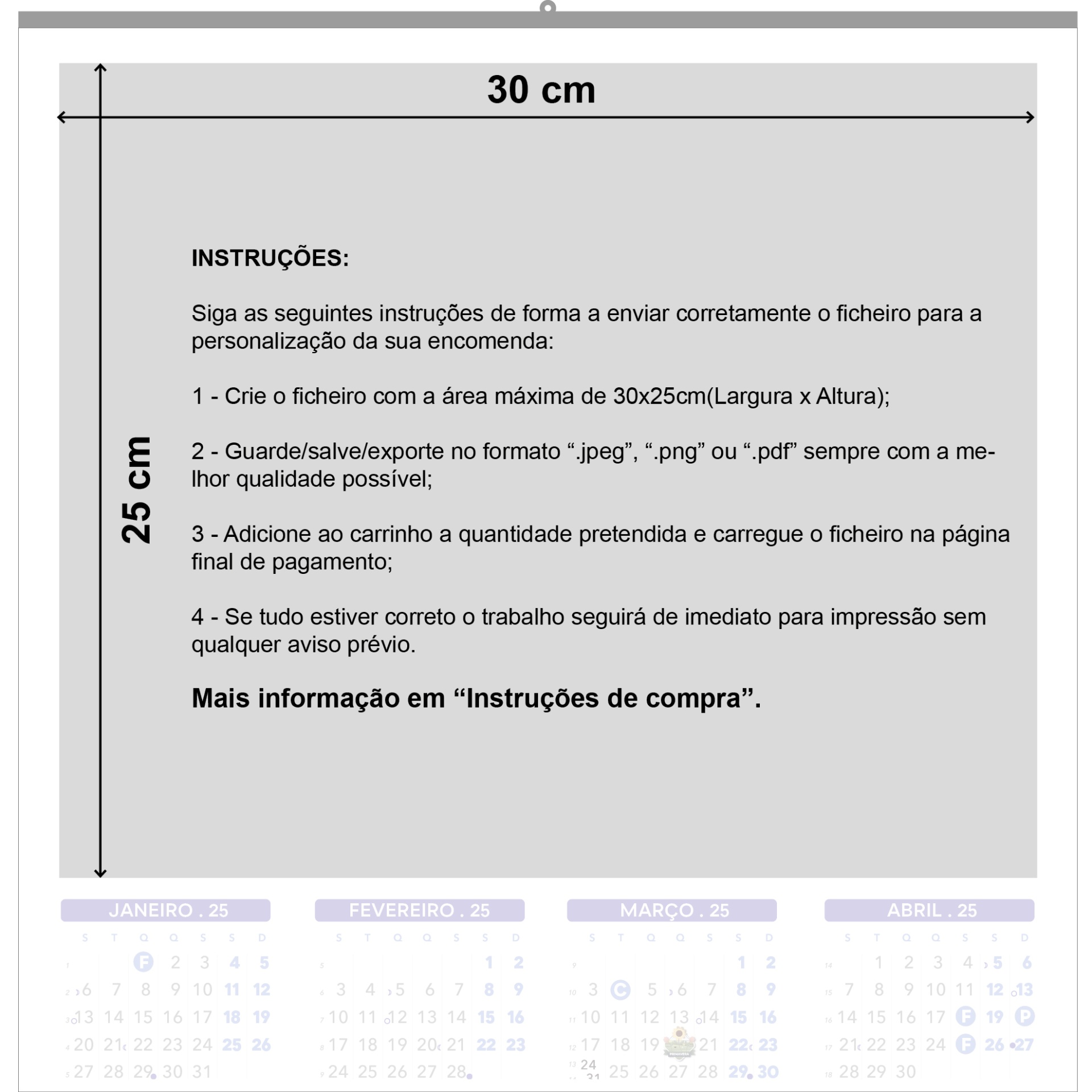 CALENDÁRIO PAREDE 1 FOLHA Calendário de parede cinza com instruções em português e meses janeiro a abril na parte inferior