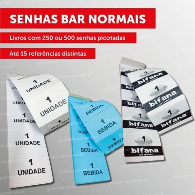Tiras de senhas para bar em três tipos diferentes: branca com 1 UNIDADE, azul com 1 BEBIDA, preta com 1 bifana.