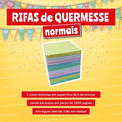 Papel colorido empilhado com texto sobre rifas de quermesse e fundo amarelo com confetes e bandeirolas