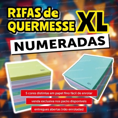 Cartaz com pilhas de papéis coloridos numerados e textos promocionais para rifas XL numeradas.