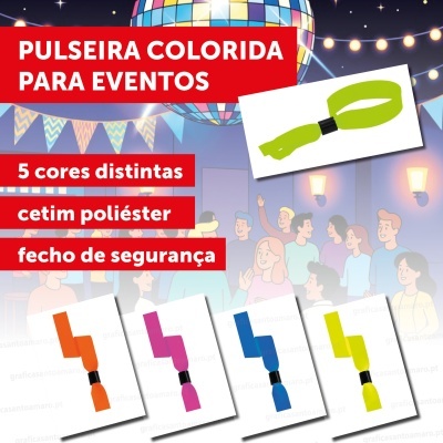 Pulseiras coloridas de cetim poliéster para eventos em cinco cores distintas com fecho de segurança