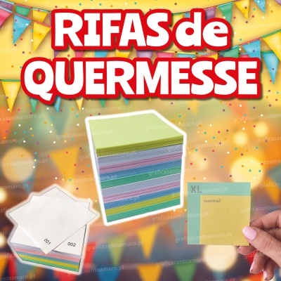 Folhas coloridas, tickets numerados e decoração de quermesse com texto RIFAS de QUERMESSE