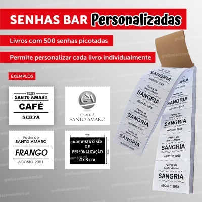 Senhas para bar personalizadas em livros com 500 senhas picotadas, exemplos de etiquetas para café, sangria e frango, cores preto, branco e cinza.