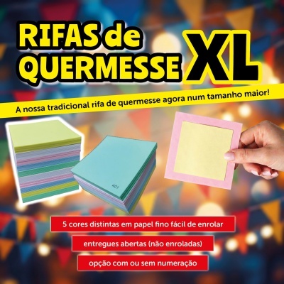 Rifas de quermesse XL em papel colorido com cinco cores diferentes, uma mão segura uma rifa cor-de-rosa com amarelo.