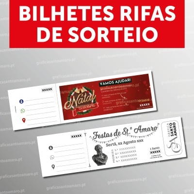 Bilhetes de rifa de sorteio em papel com texto e gráficos em vermelho e branco