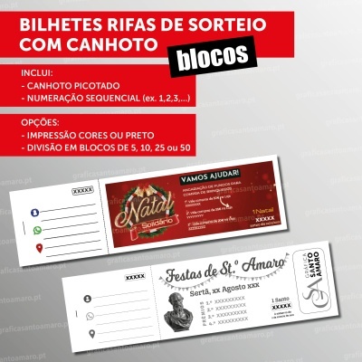Bilhetes de rifas de sorteio com canhoto, designs Natal e Festas de Santo Amaro, com informação de características e opções de impressão.