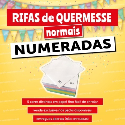 Promoção de rifas de quermesse numeradas com fichas coloridas e fundo amarelo