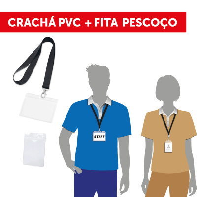Crachá PVC transparente com fita de pescoço preta e texto STAFF