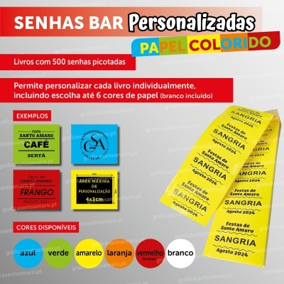 Anúncio colorido de senhas de bar personalizadas em papel colorido com exemplos e opções de cores