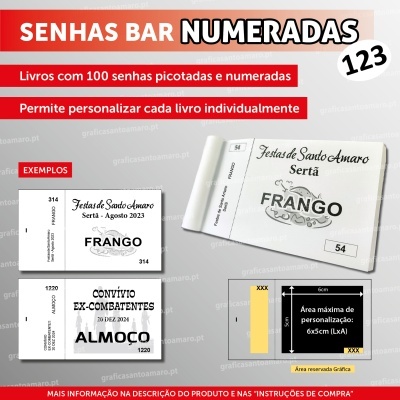 Senhas para bar numeradas com exemplos para eventos Festas de Santo Amaro e Convívio Ex-Combatentes