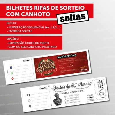 Bilhetes de rifas de sorteio com canhoto em cores vermelho natalício e branco para festas, com texto e numeração