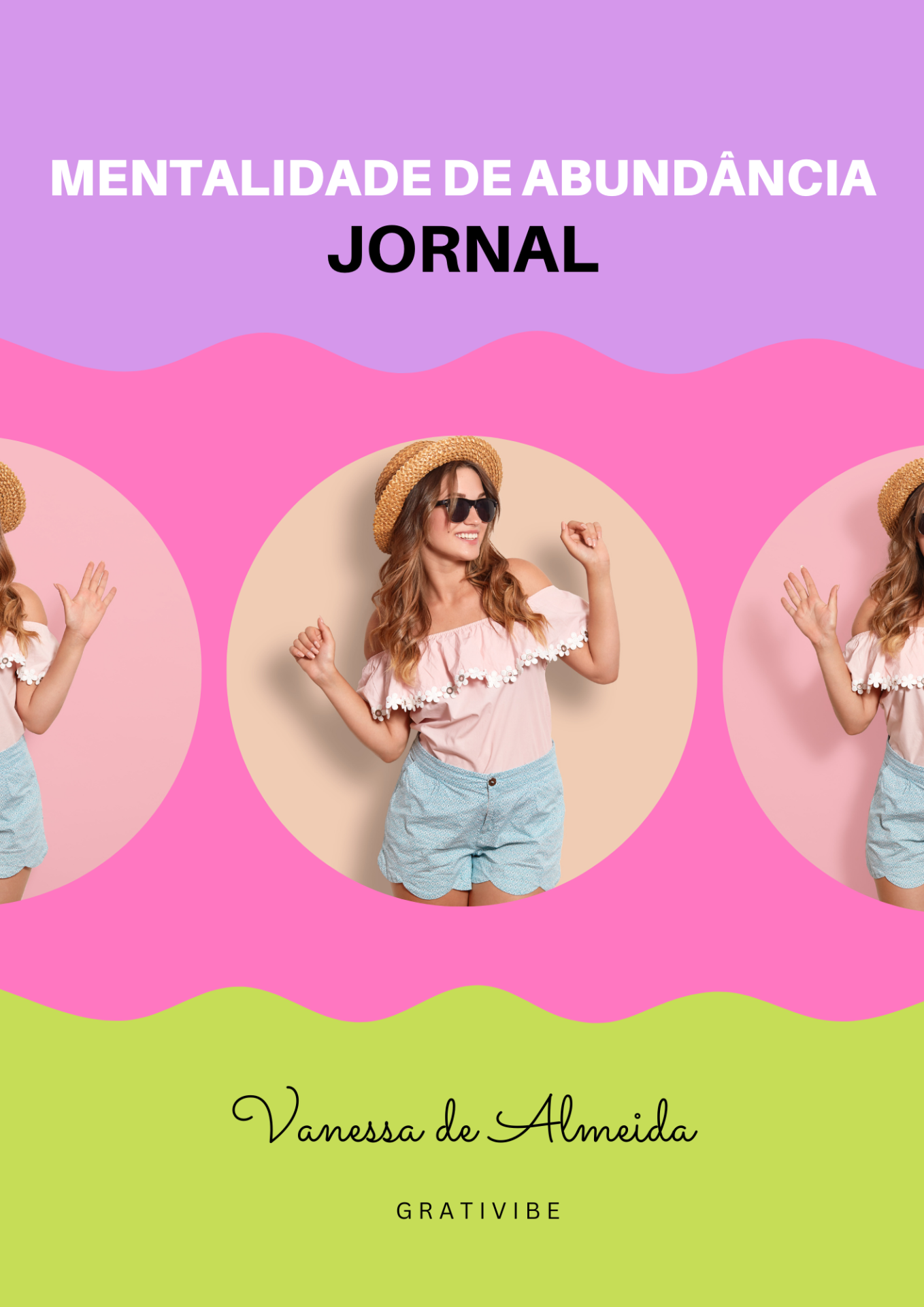 Imagem com fotos de mulher jovem com chapéu e roupas claras e texto promocional em várias cores