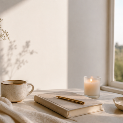 Mesa com caneca, caderno, caneta, vela acesa, prato cerâmico e vaso com flores brancas.
