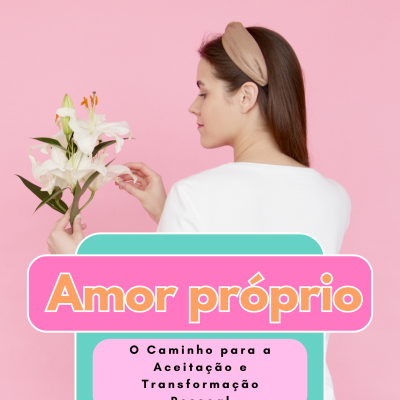 Jovem com bandolete bege segurando lírios brancos em fundo rosa com texto motivacional