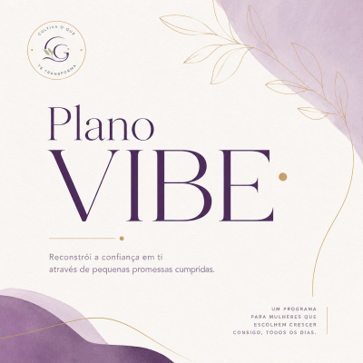Imagem promocional com texto Plano VIBE em roxo sobre fundo lilás claro e elementos decorativos dourados e lilás