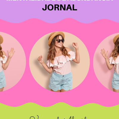 Imagem com fotos de mulher jovem com chapéu e roupas claras e texto promocional em várias cores