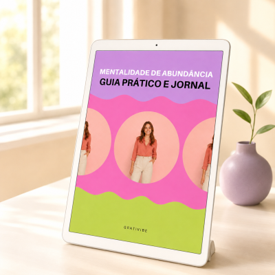 Tablet a apresentar capa digital de guia prático e jornal colorido com foto de mulher