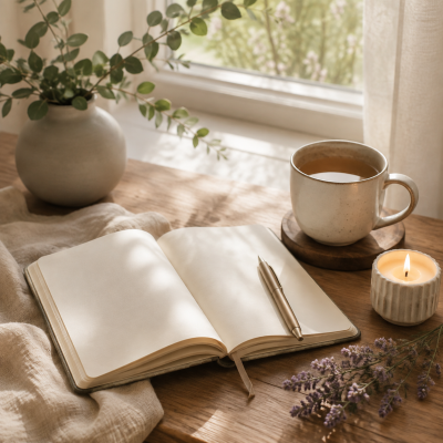 Caderno aberto com caneta, caneca cerâmica com bebida, vela acesa e vaso com planta verde sobre mesa de madeira