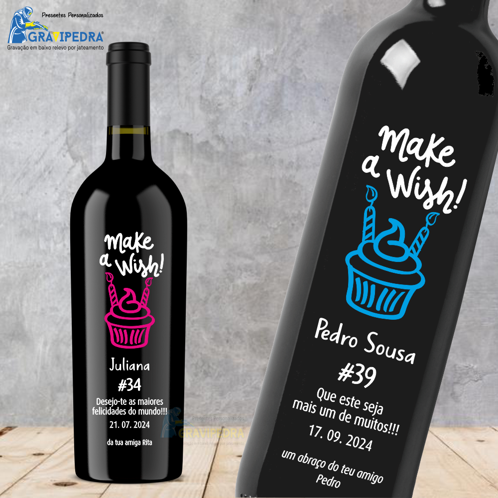 Garrafa de vinho personalizada para Aniversário - GFA58 Garrafas de vinho personalizadas com rótulos de cupcakes e mensagens de felicitações em português
