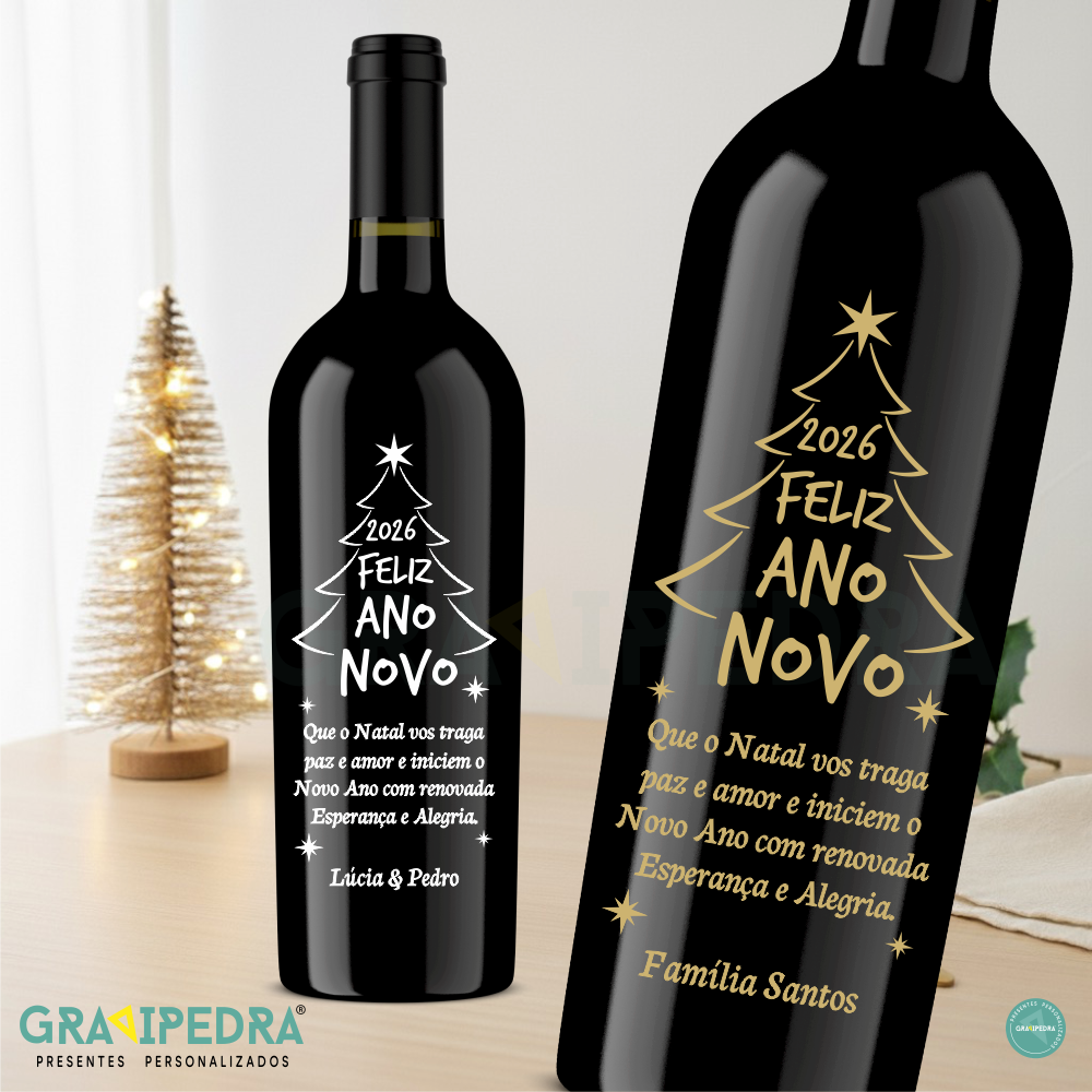 Garrafa de vinho personalizada para Natal/Ano Novo - GAN01 Garrafa de vinho preta com rótulo festivo de Ano Novo em branco e dourado