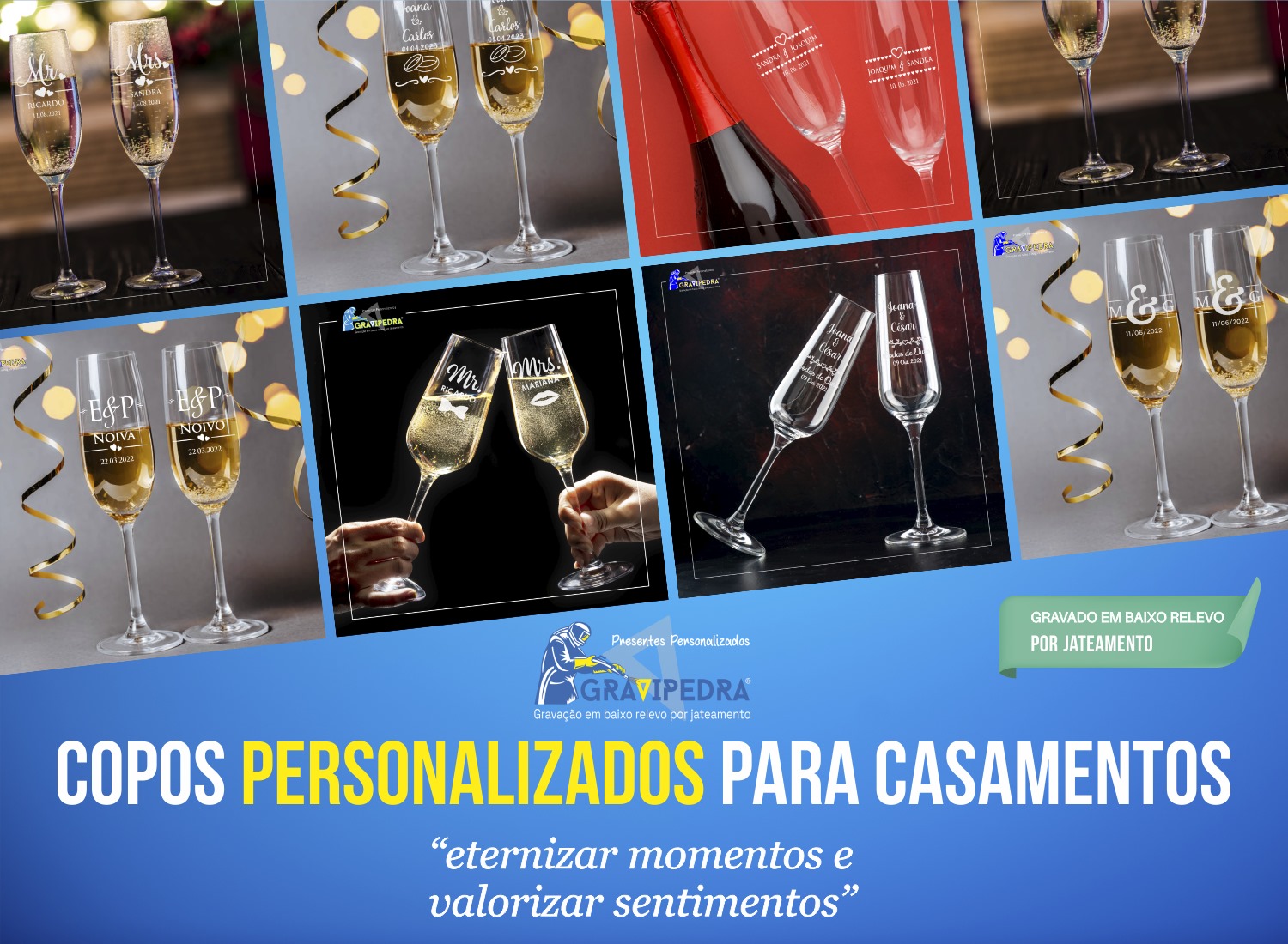 Copos de champanhe personalizados com texto gravado em ambientes festivos diferentes