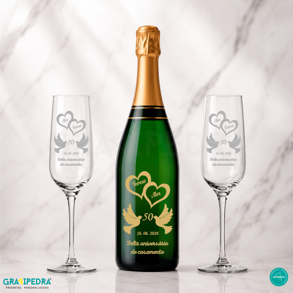 Pack especial Casamento - PKCN14 Conjunto de champanhe e dois copos personalizados para aniversário de casamento com design dourado e cinzento
