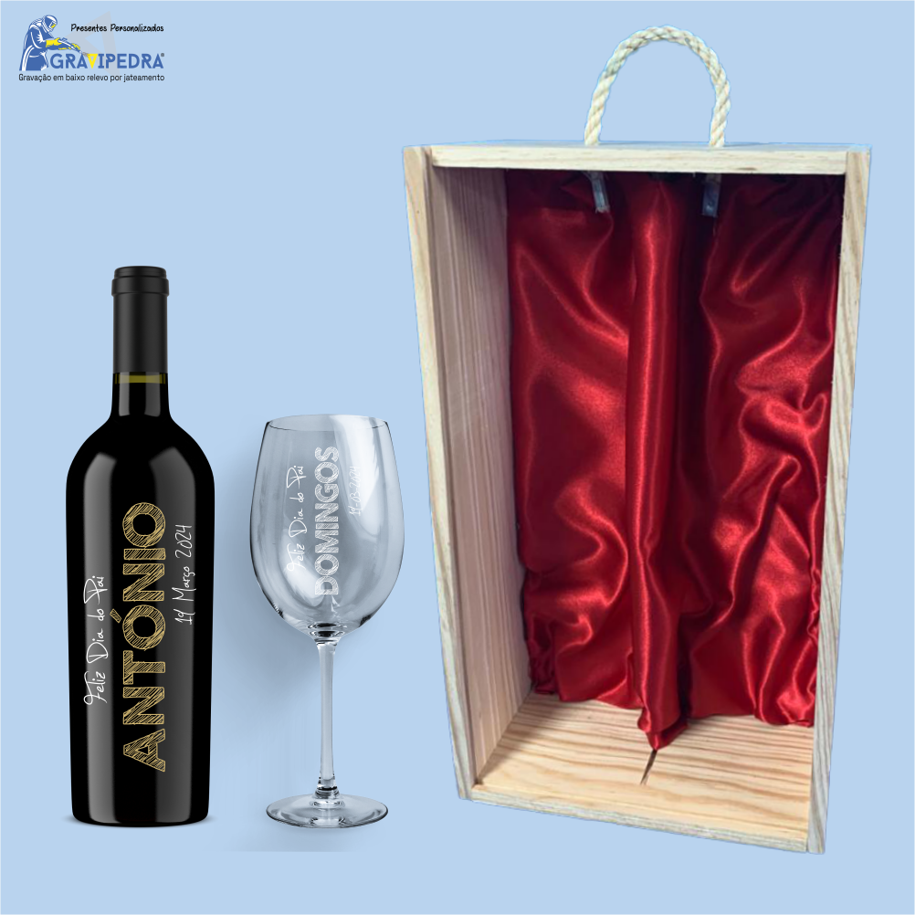 Pack especial dia do Pai - PKDP14 Garrafa de vinho, taça gravada e caixa de madeira com interior vermelho