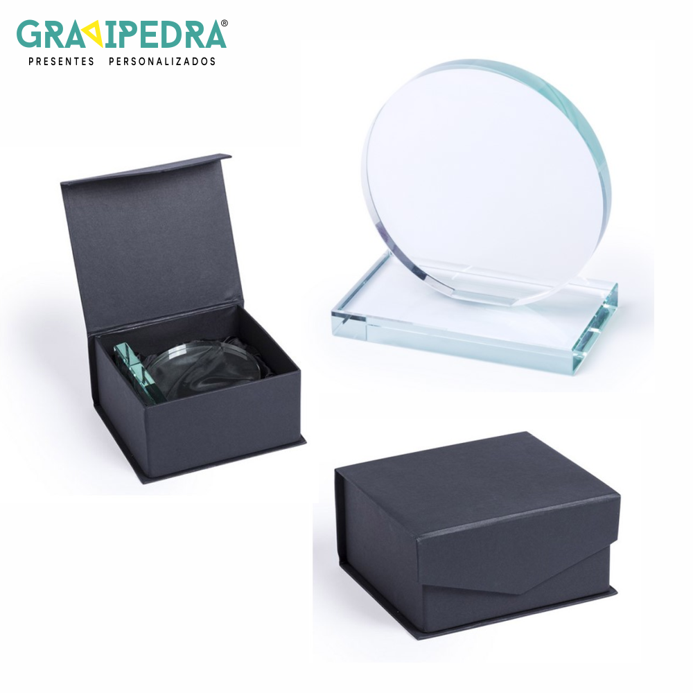 Troféus em Cristal - GVP5175 prémio redondo de vidro transparente com base, caixa preta de apresentação e logótipo GRAI PEDRA PRESENTES PERSONALIZADOS
