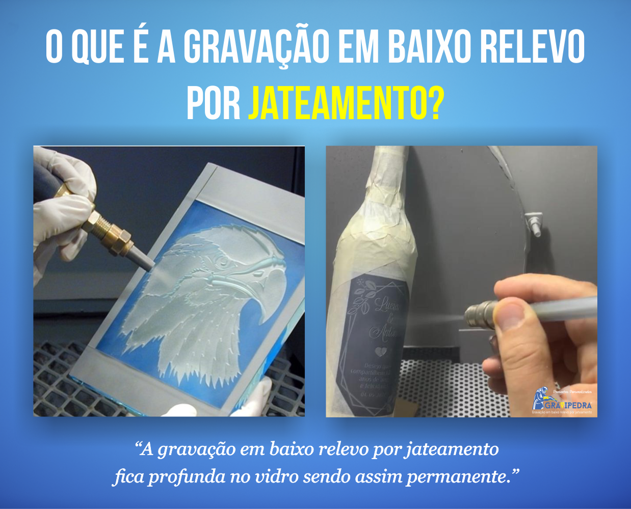 Processo de gravação em vidro por jateamento com texto explicativo em português