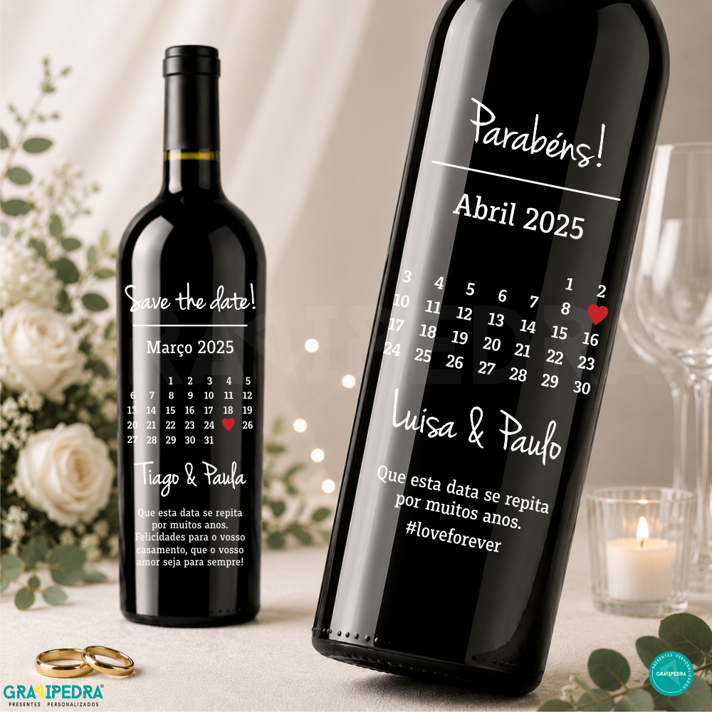 Garrafa de vinho personalizada - Dia Importante - GCN17 Garrafa de vinho com etiqueta personalizada para datas especiais, calendário e nomes em branco.