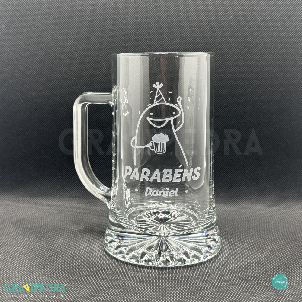 Caneca de Cerveja em vidro personalizada - Flork - FLORKCC01 Caneca de vidro transparente com gravura de parabéns e nome Daniel