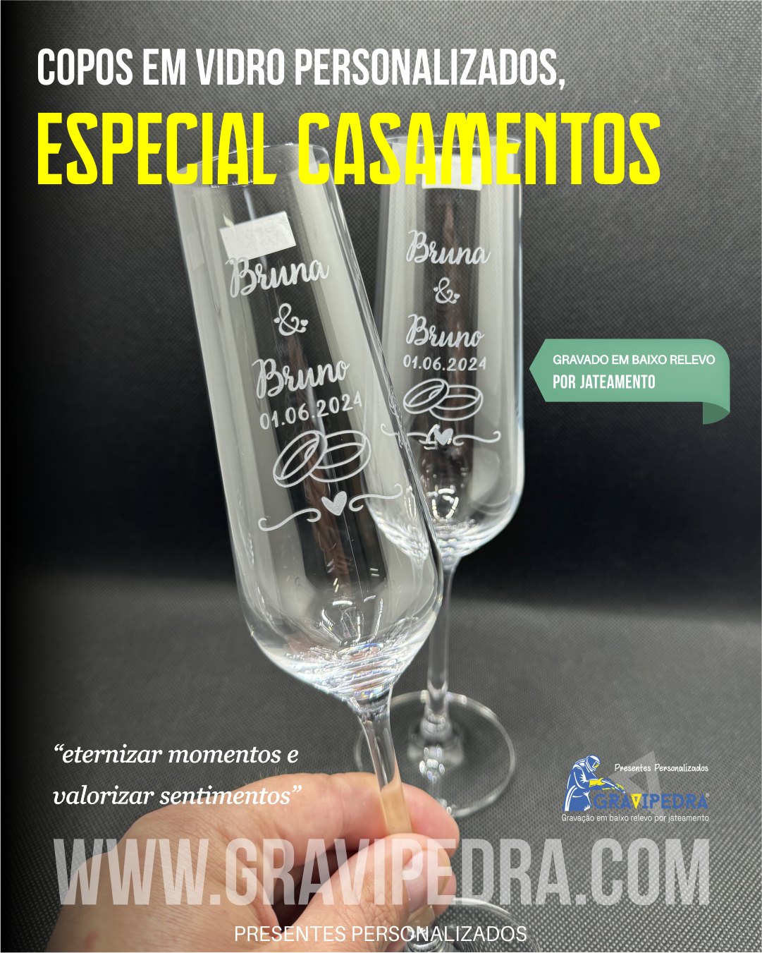 Copos de vidro personalizados para casamentos com nomes Bruna & Bruno e data 01.06.2024 em fundo escuro