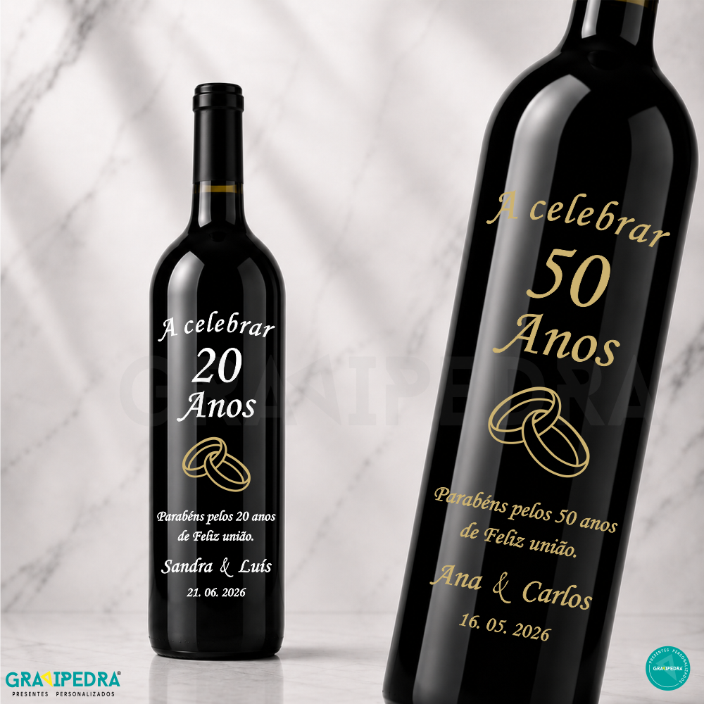 Garrafa de vinho personalizada para Casamento - GCN11 Garrafa de vinho personalizada para 20 e 50 anos de casamento com texto branco e dourado