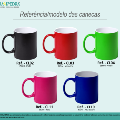 Cinco canecas coloridas com referências e capacidade indicadas sobre fundo branco.