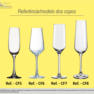 Quatro copos de vidro transparentes com diferentes formatos e rótulos sobre fundo amarelo