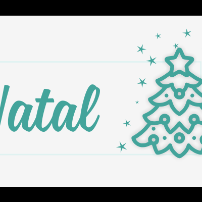 Palavra 'Natal' e desenho de árvore de Natal verde azulado com estrelas em fundo branco