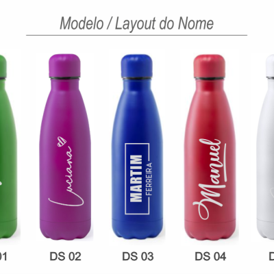 Cinco garrafas metálicas coloridas com nomes personalizados em diferentes estilos de letra