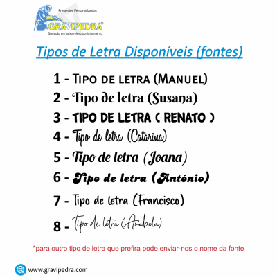 Lista de tipos de letra disponíveis com oito exemplos numerados e nomes associados, com logotipo e texto informativo em fundo branco
