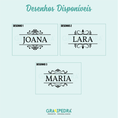 Três desenhos com os nomes Joana, Lara e Maria em fundo azul claro, ornamentos decorativos e texto Desenhos Disponíveis
