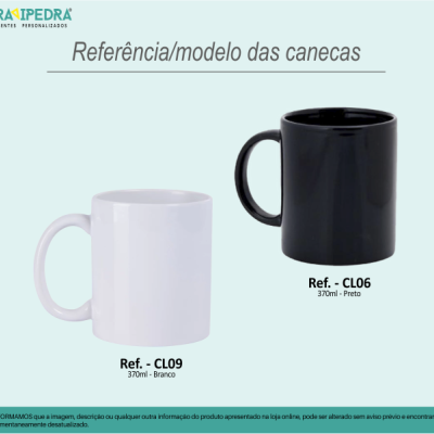 Duas canecas, branca e preta, com referências CL09 e CL06, capacidade 370ml