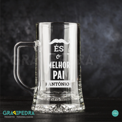 Caneca de vidro transparente com texto personalizado em branco