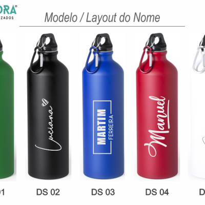 Cinco garrafas personalizadas coloridas com nomes em diferentes estilos de texto.