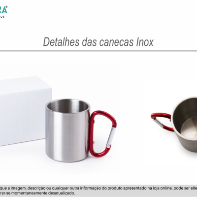 Canecas inox prateadas com argola carabina vermelha e caixa branca