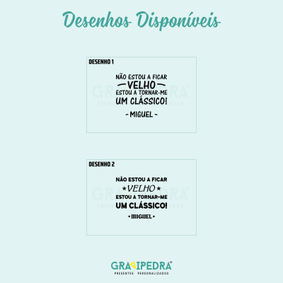 Dois desenhos com texto em português para personalização de presentes sobre fundo branco.