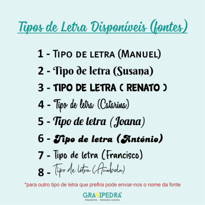 Lista de tipos de letra disponíveis em diferentes estilos com nomes e instrução em português.