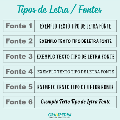 Exemplos de seis tipos de letra fontes diferentes numeradas de 1 a 6 com texto exemplo em cada uma