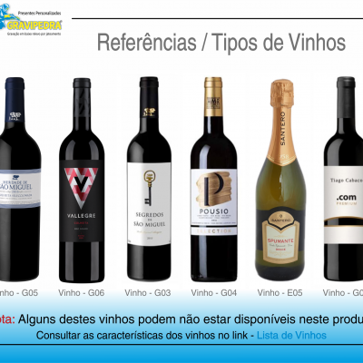 Seis garrafas de vinho com diferentes rótulos e identificações sobre fundo branco e texto informativo em português.