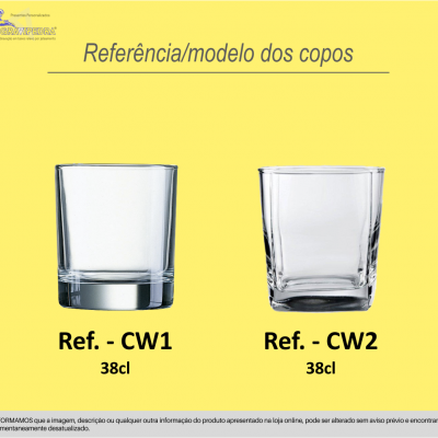 Dois copos de vidro transparente, um cilíndrico e outro quadrado, com referências CW1 e CW2 respectivamente.