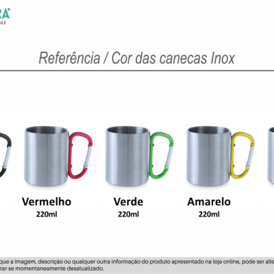 Cinco canecas inox com pegas de mosquetão coloridas e texto descritivo
