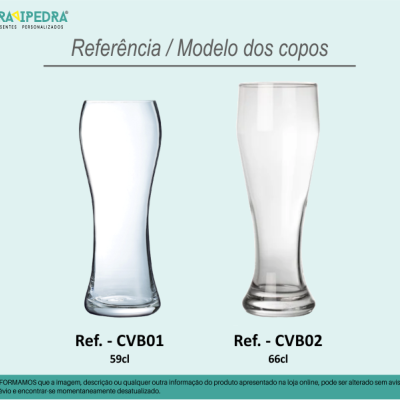 Dois copos transparentes para bebidas com referências CVB01 e CVB02